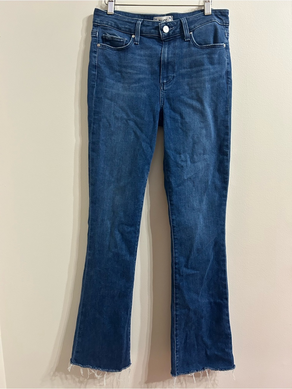 PAIGE High Rise Manhattan Bootcut Jeans With Raw Hem Size 29 Cotton Blend Denim